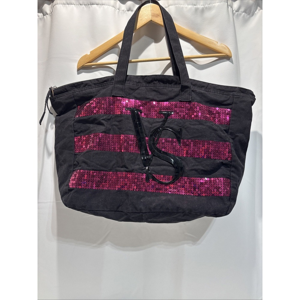 Victoria's Secret Black With Pink Sequin XL Tote Stripe Limited Edition Top Zip